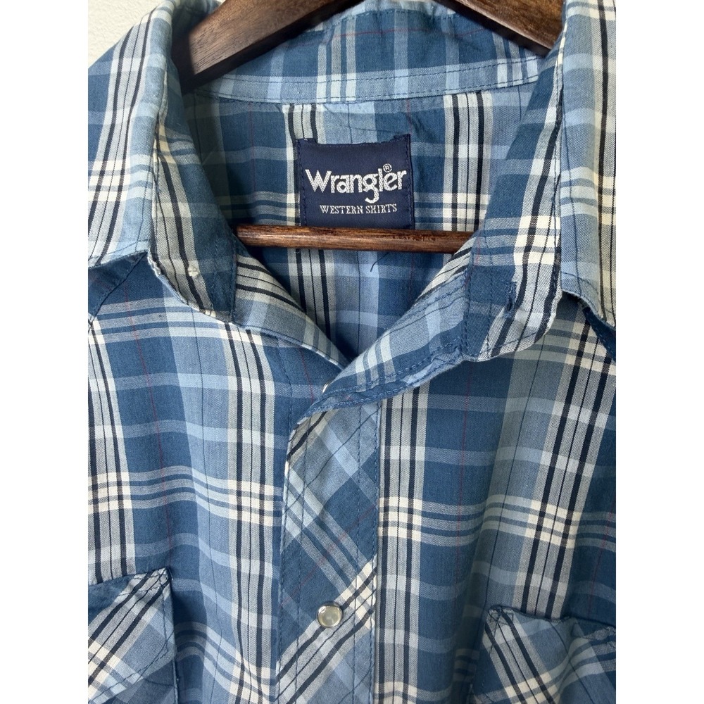 Vntg Wrangler Blue Pearlsnap Plaid Western Long Sleeve Button Up 2xl - Picture 2 of 7